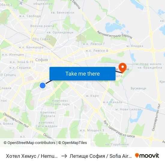 Ⓜ️ Хотел Хемус / Hemus Hotel (2329) to Летище София / Sofia Airport - Terminal 2 map