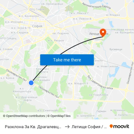 Разклона За Кв. Драгалевци / Fork Road To Dragalevtsi Qr. (1457) to Летище София / Sofia Airport - Terminal 2 map