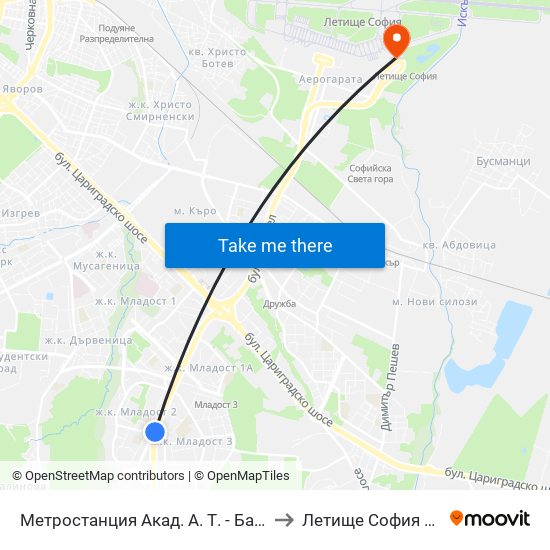 Метростанция Акад. А. Т. - Балан / Acad. A. T.-Balan Metro Station (1917) to Летище София / Sofia Airport - Terminal 2 map