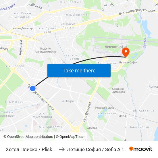 Хотел Плиска / Pliska Hotel (2326) to Летище София / Sofia Airport - Terminal 2 map