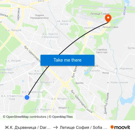 Ж.К. Дървеница / Darvenitsa Qr. (1012) to Летище София / Sofia Airport - Terminal 2 map