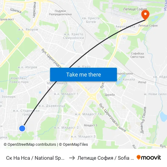 Ск На Нса / National Sports Academy (1609) to Летище София / Sofia Airport - Terminal 2 map