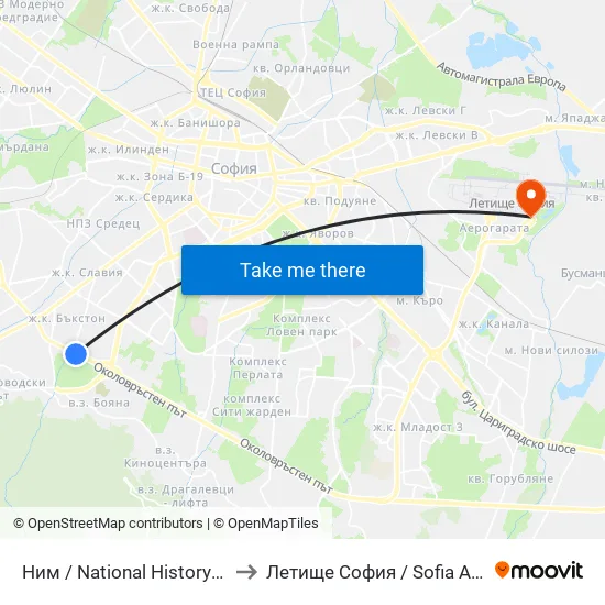 🎨 Ним / National History Museum (1464) to Летище София / Sofia Airport - Terminal 2 map