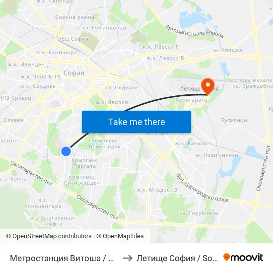Ⓜ️ Метростанция Витоша / Vitosha Metro Station (2654) to Летище София / Sofia Airport - Terminal 2 map