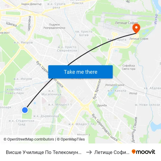 Висше Училище По Телекомуникации / University Of Telecommunications And Post (1396) to Летище София / Sofia Airport - Terminal 2 map