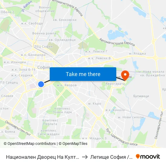 Ⓜ️ Национален Дворец На Културата / National Palace Of Culture (1139) to Летище София / Sofia Airport - Terminal 2 map