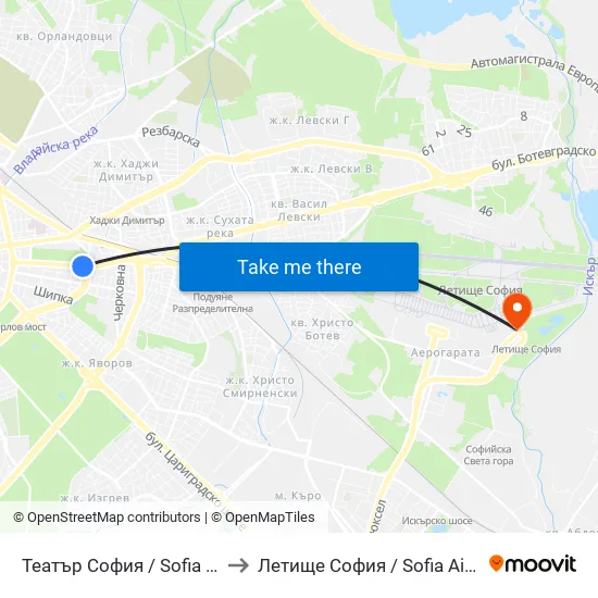Театър София / Sofia Theatre (1727) to Летище София / Sofia Airport - Terminal 2 map