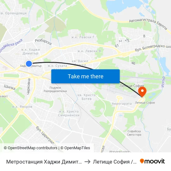 Метростанция Хаджи Димитър / Hadzhi Dimitar Metro Station (0303) to Летище София / Sofia Airport - Terminal 2 map