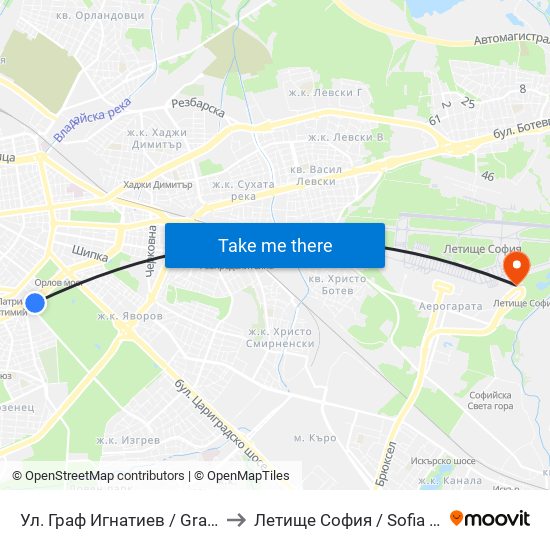 Ул. Граф Игнатиев / Graf Ignatiev St. (1913) to Летище София / Sofia Airport - Terminal 2 map