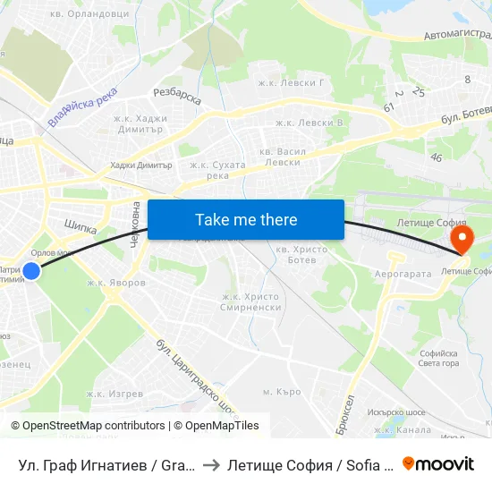 Ⓜ️🎓 Ул. Граф Игнатиев / Graf Ignatiev St. (1913) to Летище София / Sofia Airport - Terminal 2 map