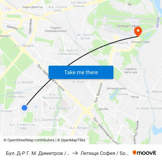 Бул. Д-Р Г. М. Димитров / G. M. Dimitrov Blvd. (0318) to Летище София / Sofia Airport - Terminal 2 map