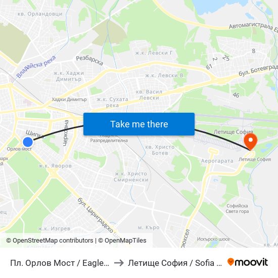 Пл. Орлов Мост / Eagles' Bridge Sq. (1290) to Летище София / Sofia Airport - Terminal 2 map