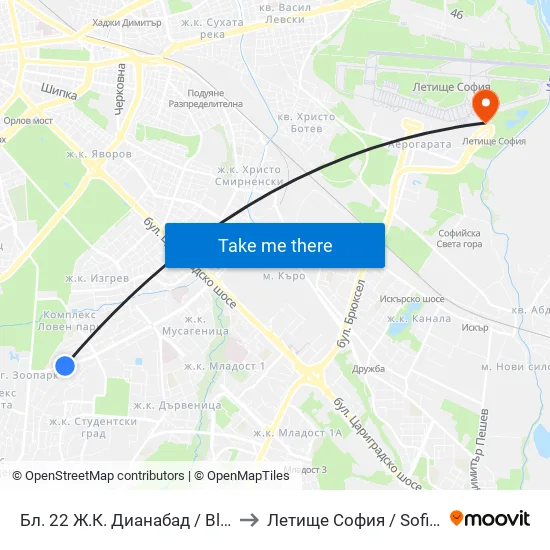 Бл. 22 Ж.К. Дианабад / Bl. 22, Dianabad Qr. (0124) to Летище София / Sofia Airport - Terminal 2 map