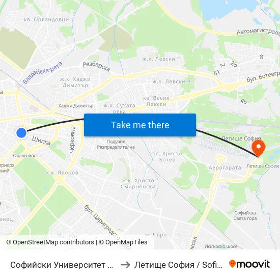 📚🎓 Софийски Университет / Sofia University (1699) to Летище София / Sofia Airport - Terminal 2 map
