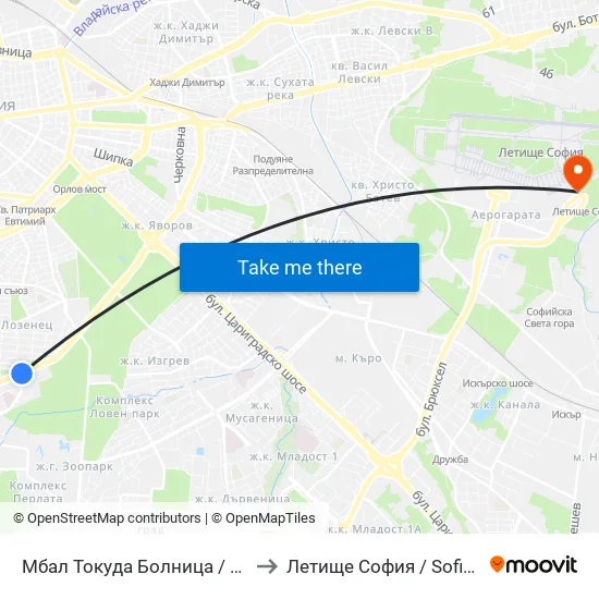 Мбал Токуда Болница / Tokuda Hospital (0206) to Летище София / Sofia Airport - Terminal 2 map