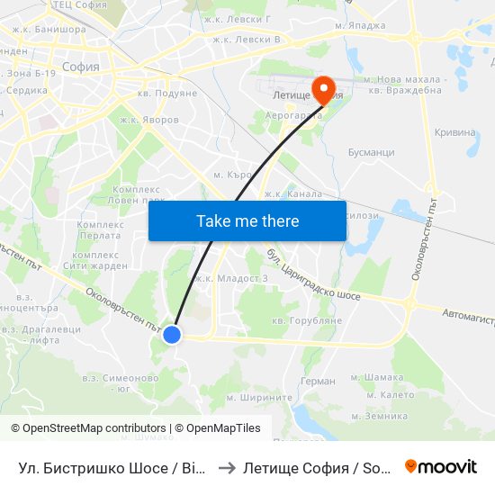 Ул. Бистришко Шосе / Bistrishko Shosse St. (0864) to Летище София / Sofia Airport - Terminal 2 map