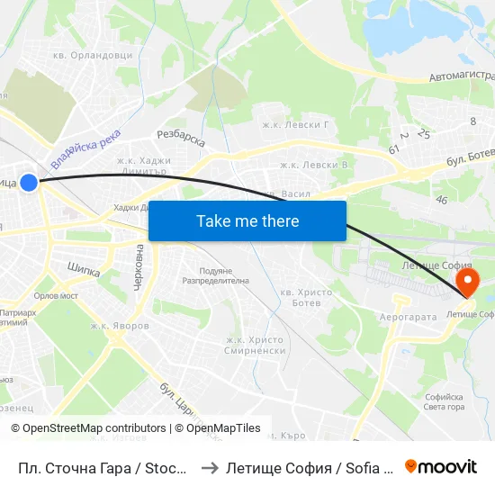 Пл. Сточна Гара / Stochna Gara Sq. (1311) to Летище София / Sofia Airport - Terminal 2 map