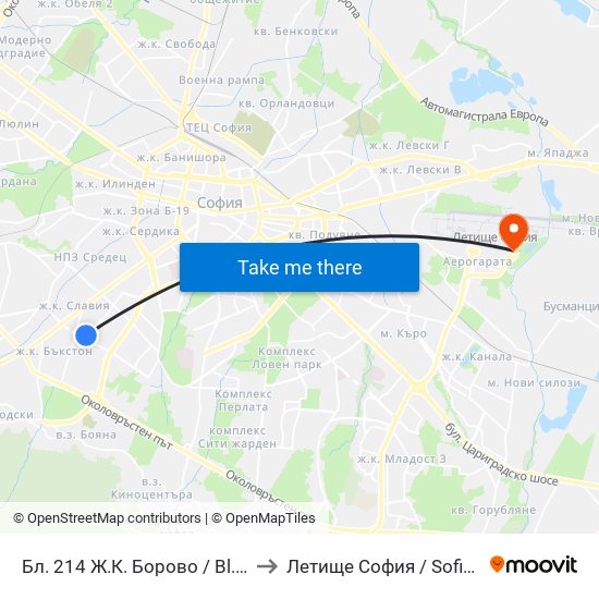 Бл. 214 Ж.К. Борово / Bl. 214, Borovo Qr. (0164) to Летище София / Sofia Airport - Terminal 2 map