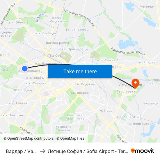 Вардар / Vardar to Летище София / Sofia Airport - Terminal 2 map