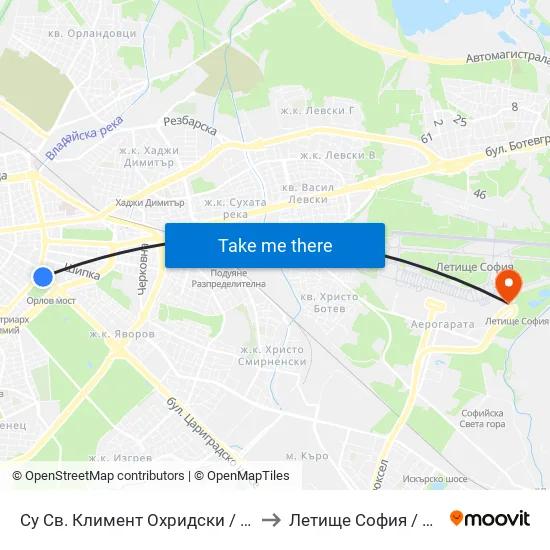 🎓 Софийски Университет / Sofia University to Летище София / Sofia Airport - Terminal 2 map