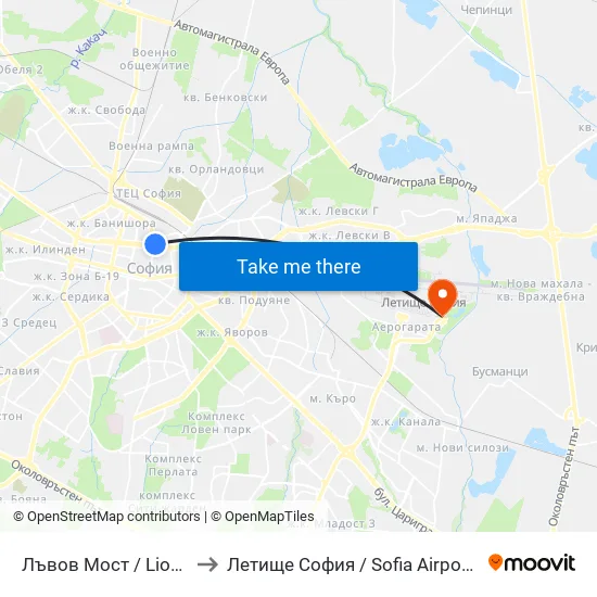 Лъвов Мост / Lions' Bridge to Летище София / Sofia Airport - Terminal 2 map