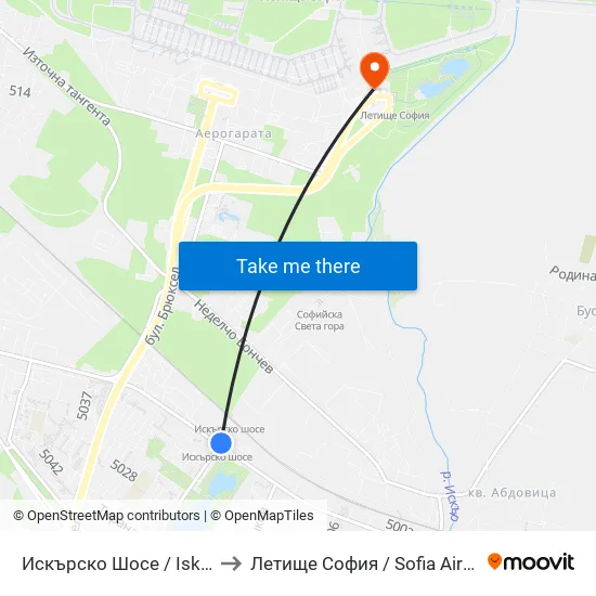 Искърско Шосе / Iskarsko Shose to Летище София / Sofia Airport - Terminal 2 map