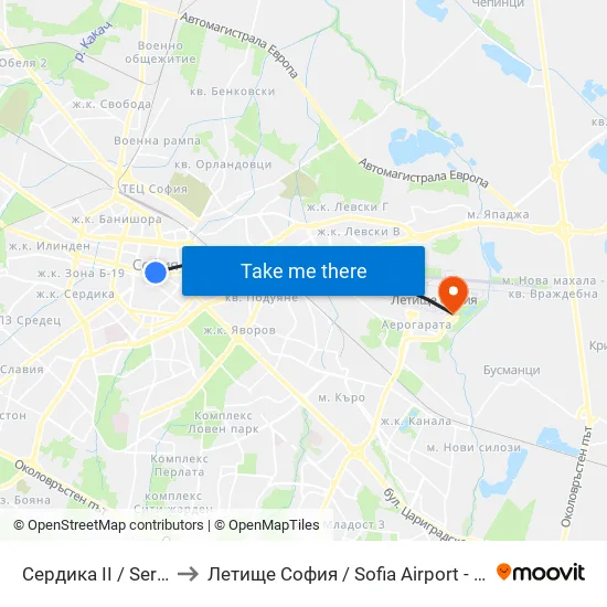 Сердика II / Serdika II to Летище София / Sofia Airport - Terminal 2 map