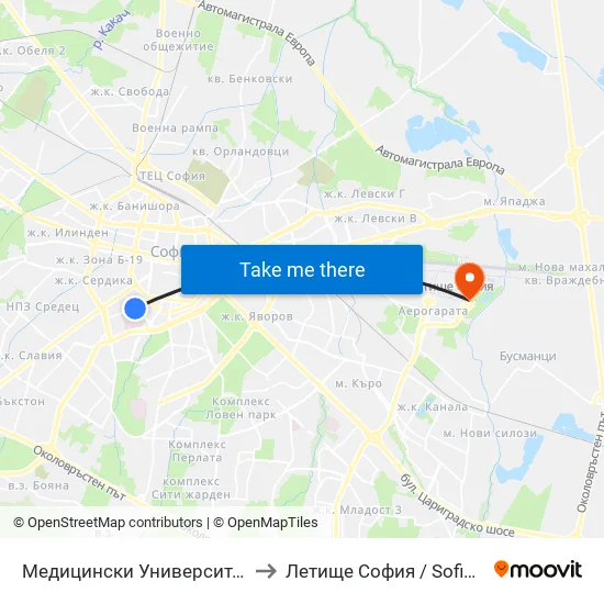 Медицински Университет / Medical University to Летище София / Sofia Airport - Terminal 2 map