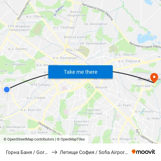 Горна Баня / Gorna Banya to Летище София / Sofia Airport - Terminal 2 map