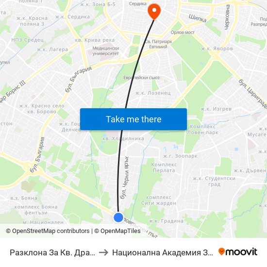 Разклона За Кв. Драгалевци / Fork Road To Dragalevtsi Qr. (1457) to Национална Академия За Театрално И Филмово Изкуство Кръстьо Сарафов map