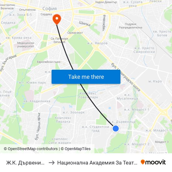 Ж.К. Дървеница / Darvenitsa Qr. (1015) to Национална Академия За Театрално И Филмово Изкуство Кръстьо Сарафов map