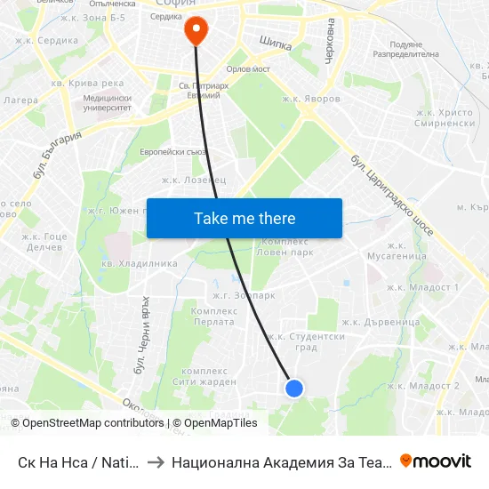 Ск На Нса / National Sports Academy (1609) to Национална Академия За Театрално И Филмово Изкуство Кръстьо Сарафов map