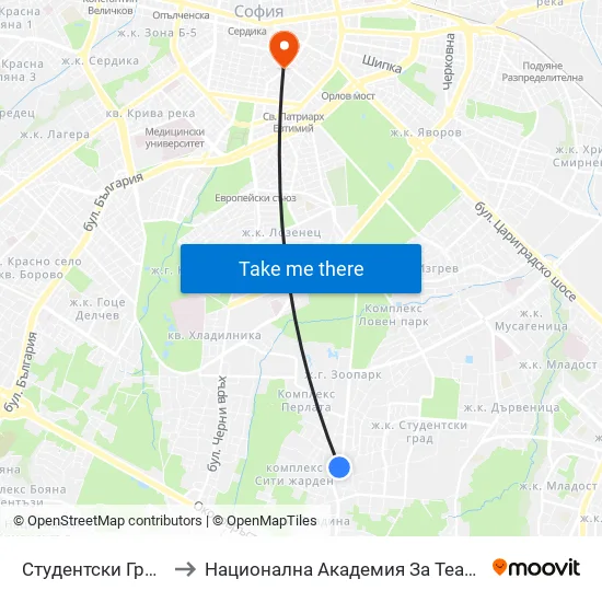 Студентски Град / Students' Town (2382) to Национална Академия За Театрално И Филмово Изкуство Кръстьо Сарафов map