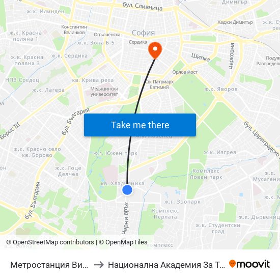 Метростанция Витоша / Vitosha Metro Station (2654) to Национална Академия За Театрално И Филмово Изкуство Кръстьо Сарафов map