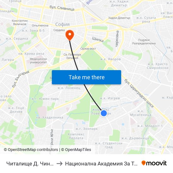 Читалище Д. Чинтулов / D. Chintulov Library (2366) to Национална Академия За Театрално И Филмово Изкуство Кръстьо Сарафов map