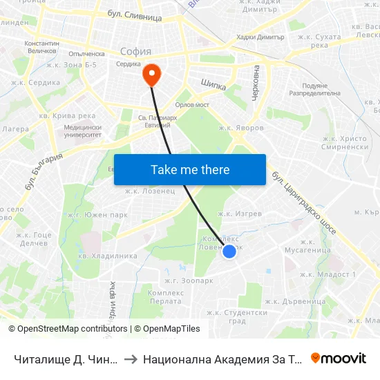 Читалище Д. Чинтулов / D. Chintulov Library (2365) to Национална Академия За Театрално И Филмово Изкуство Кръстьо Сарафов map