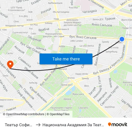 Ⓜ️ Театър София / Sofia Theatre (1727) to Национална Академия За Театрално И Филмово Изкуство Кръстьо Сарафов map