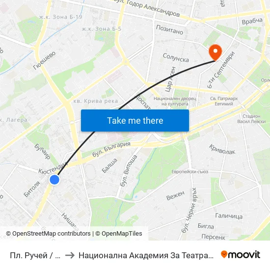 Пл. Ручей / Ruchey Sq. (1301) to Национална Академия За Театрално И Филмово Изкуство Кръстьо Сарафов map