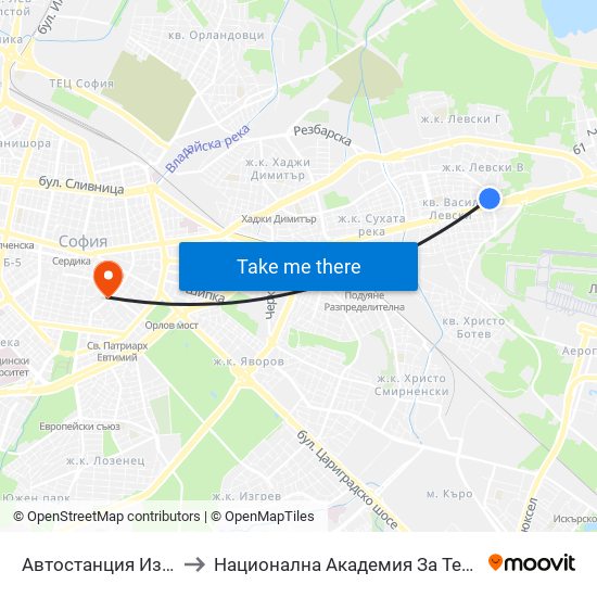 🚌 Автостанция Изток / Iztok Bus Station (2428) to Национална Академия За Театрално И Филмово Изкуство Кръстьо Сарафов map