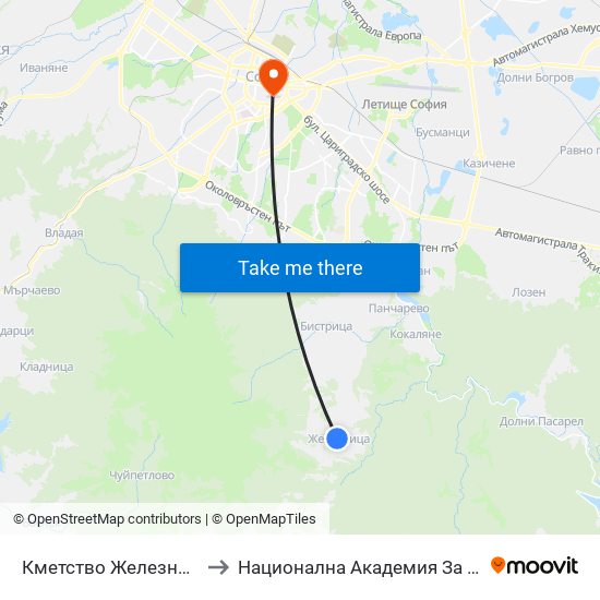 Кметство Железница / Municipality Of Zheleznitsa (0936) to Национална Академия За Театрално И Филмово Изкуство Кръстьо Сарафов map