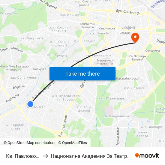 Кв. Павлово / Pavlovo Qr. (0893) to Национална Академия За Театрално И Филмово Изкуство Кръстьо Сарафов map