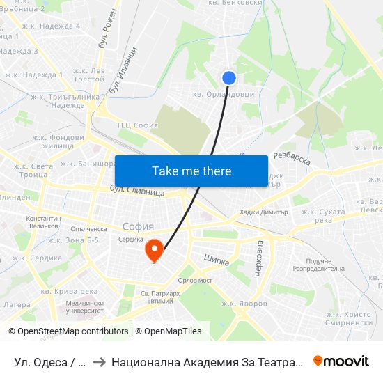 Ул. Одеса / Odessa St. (2355) to Национална Академия За Театрално И Филмово Изкуство Кръстьо Сарафов map