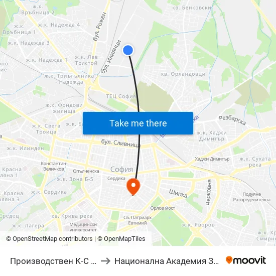 Производствен К-С Москва / Moskva Industrial Complex (0538) to Национална Академия За Театрално И Филмово Изкуство Кръстьо Сарафов map