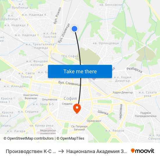 Производствен К-С Москва / Moskva Industrial Complex (0537) to Национална Академия За Театрално И Филмово Изкуство Кръстьо Сарафов map