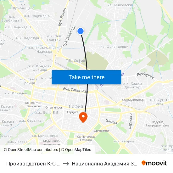 Производствен К-С Москва / Moskva Industrial Complex (0537) to Национална Академия За Театрално И Филмово Изкуство Кръстьо Сарафов map