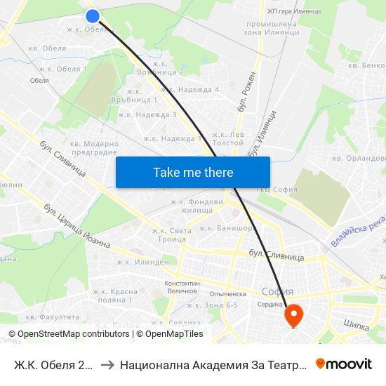 Ж.К. Обеля 2 / Obelya 2 Qr. (0680) to Национална Академия За Театрално И Филмово Изкуство Кръстьо Сарафов map