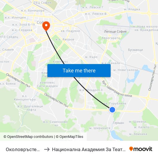 Околовръстен Път / Ring Road (1182) to Национална Академия За Театрално И Филмово Изкуство Кръстьо Сарафов map
