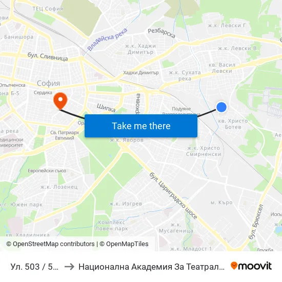 Ул. 503 / 503-Rd St. (1064) to Национална Академия За Театрално И Филмово Изкуство Кръстьо Сарафов map