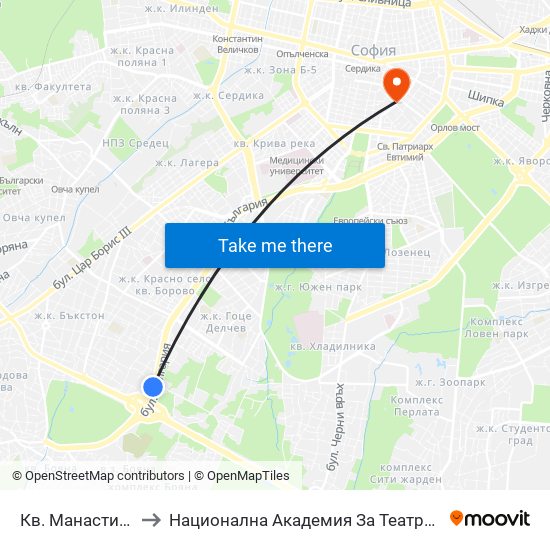 Кв. Манастирски Ливади (0866) to Национална Академия За Театрално И Филмово Изкуство Кръстьо Сарафов map