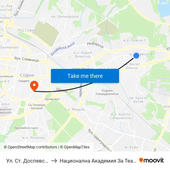 Ул. Ст. Доспевски / St. Dospevski St. (2181) to Национална Академия За Театрално И Филмово Изкуство Кръстьо Сарафов map